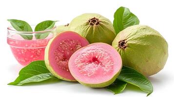 ai genererad se av utsökt färsk frukt guava på en vit bakgrund foto