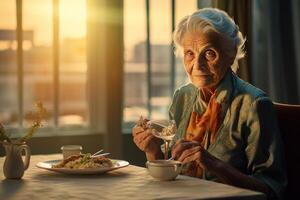 ai genererad äldre lady har middag Sammanträde på de tabell på Hem. generativ ai foto