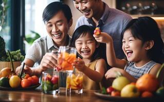 ai genererad Lycklig asiatisk familj toasting friska frukt juice. generativ ai foto