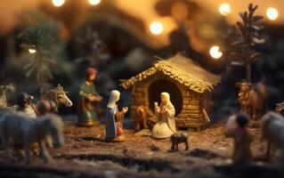 ai genererad jul nativity scen. bebis Jesus Kristus, mary och joseph. generativ ai foto