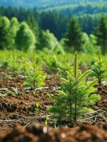 ai genererad gran träd barnkammare eller plantage, växande en ung skog. foto