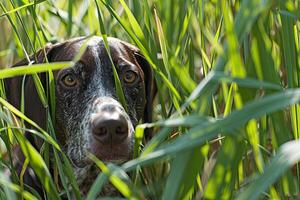 ai genererad jakt hund i lång gräs. tysk korthårig pekare. foto