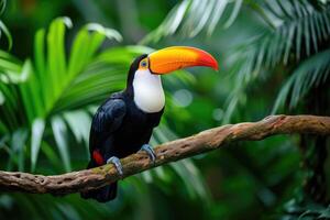 ai genererad toucan Sammanträde på en gren i de regnskog. generativ ai foto