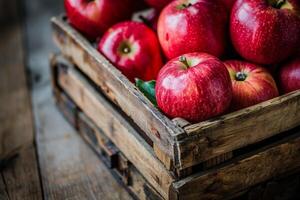 ai genererad röd äpplen i en spjällåda på rustik trä tabell. foto