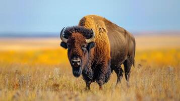 ai genererad vild amerikan bison tjur stående i gräs- prärie. foto