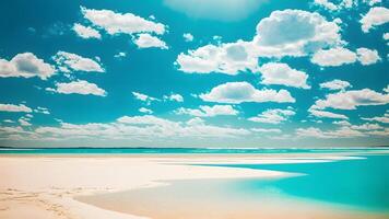 ai genererad sommar strand bakgrund. vit sand, turkos hav och blå himmel, neuralt nätverk genererad konst foto