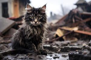 ai genererad ensam, blötläggning våt, smutsig och hungrig inhemsk kattunge efter katastrof på de bakgrund av förstörd hus, neuralt nätverk genererad fotorealistisk bild foto