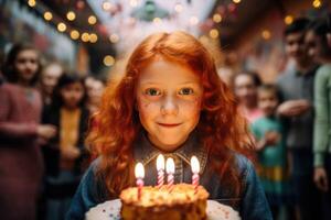 ai genererad en rödhårig ung flicka kommer blåsa ut de ljus på de födelsedag kaka foto