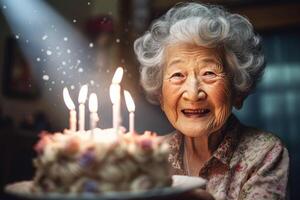 ai genererad ett äldre asiatisk kvinna slag ut ljus på en födelsedag kaka i henne Hem foto