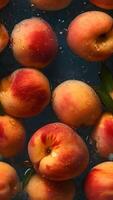 ai genererad sömlös textur och full ram makro bakgrund av färsk persikor täckt med vatten droppar, neuralt nätverk genererad bild foto