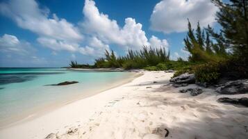 ai genererad tropisk strand med vit sand, blå himmel och turkos vatten, neuralt nätverk genererad konst foto