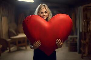 ai genererad kvinna innehav stor röd hjärta inomhus, neuralt nätverk genererad fotorealistisk bild foto