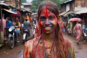 ai genererad leende ung vuxen kvinna, färgad Lycklig ansikten med vibrerande färger under de firande av de holi festival i Indien. neuralt nätverk genererad bild foto