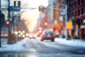ai genererad amerikan stadens centrum gata se på snöig vinter- morgon, neuralt nätverk genererad bild foto