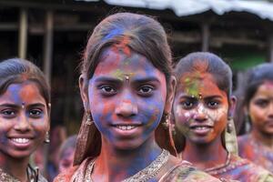 ai genererad leende ung vuxen kvinnor, färgad Lycklig ansikten med vibrerande färger under de firande av de holi festival i Indien. neuralt nätverk genererad bild foto