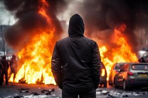 ai genererad gata upplopp i stad med demonstranter och brinnande bilar, neuralt nätverk genererad fotorealistisk bild foto