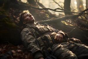ai genererad smutsig trött soldat sover på träd rötter i djup skog på höst kväll, neuralt nätverk genererad bild foto