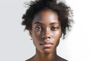 ai genererad ung vuxen afrikansk amerikan kvinna, porträtt på vit bakgrund. neuralt nätverk genererad fotorealistisk bild foto
