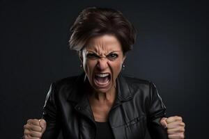 ai genererad arg vuxen latin amerikan kvinna skrikande på svart bakgrund. neuralt nätverk genererad fotorealistisk bild. foto