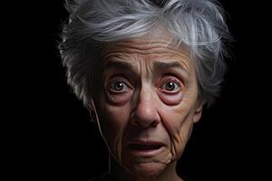 ai genererad bister uppsyn senior caucasian kvinna, huvud och axlar porträtt på svart bakgrund. neuralt nätverk genererad fotorealistisk bild foto