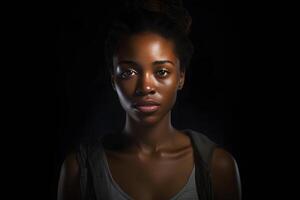 ai genererad glansig ung vuxen afrikansk amerikan kvinna, porträtt på svart bakgrund. neuralt nätverk genererad fotorealistisk bild foto