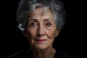 ai genererad porträtt av senior gråhårig caucasian kvinna på svart bakgrund. neuralt nätverk genererad fotorealistisk bild. foto