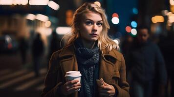 ai genererad ung skön blond kvinnlig kvinna på natt stad gata innehav kartong kopp av kaffe, neuralt nätverk genererad bild foto