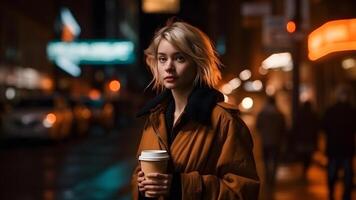 ai genererad ung skön blond kvinnlig kvinna på natt stad gata innehav kartong kopp av kaffe, neuralt nätverk genererad bild foto