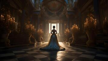 ai genererad ensam kvinna i barock klänning stående inuti stor övergiven herrgård hall i barock stil, neuralt nätverk genererad bild foto