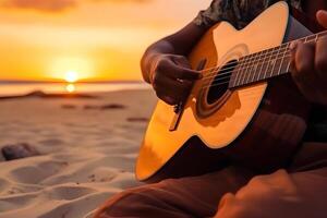 ai genererad afrikansk amerikan personens händer spelar akustisk gitarr på sandig strand på solnedgång tid. spelar musik begrepp, neuralt nätverk genererad fotorealistisk bild foto