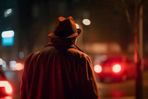 ai genererad filmiska porträtt av främling på natt gata i thriller stil, neuralt nätverk genererad fotorealistisk bild foto