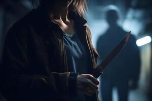 ai genererad närbild se av av kvinna innehav kniv i hand i mörk gränd, neuralt nätverk genererad fotorealistisk bild foto