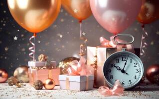ai genererad Lycklig ny år försäljning. gåva lådor med ballong. ai generativ foto