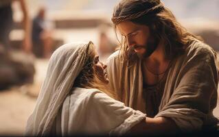 ai genererad Jesus de messias tala till de samaritan kvinna ger hoppas för evig liv generativ ai foto