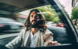 ai genererad Jesus körning en bil. kristen hjälp begrepp. generativ ai foto