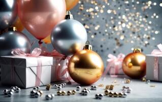 ai genererad Lycklig ny år försäljning. gåva lådor med ballong. ai generativ foto