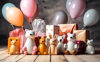 ai genererad söt leksaker med färgrik ballong och gåva låda. ai generativ foto