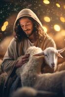 ai genererad en bibel Jesus herde med hans flock av får under solnedgång. generativ ai foto