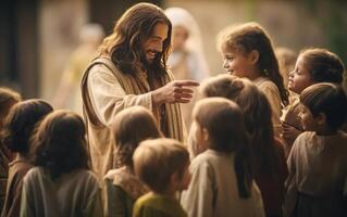 ai genererad Jesus christ talande till barn, Jesus och barn leende. generation ai foto