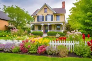 ai genererad klassisk tvåvånings hus med blomma trädgård på solig sommar dag - amerikan dröm stil, neuralt nätverk genererad bild foto