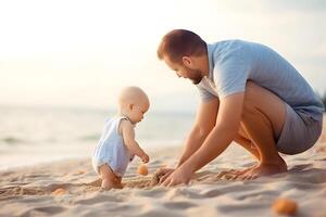 ai genererad fäder dag. pappa och bebis son spelar tillsammans på sandig strand, neuralt nätverk genererad fotorealistisk bild foto