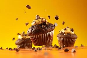 ai genererad flygande choklad muffins, eller muffins på gul bakgrund, neuralt nätverk genererad fotorealistisk bild foto