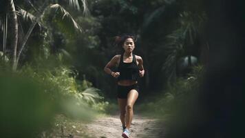 ai genererad atletisk ung asiatisk kvinna löpning i en morgon- dimmig skog, friska livsstil begrepp, neuralt nätverk genererad bild foto