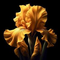 ai genererad gul iris isolerat på svart bakgrund. blommor och växter i vår. foto