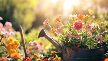 ai genererad trädgårdsarbete begrepp. trädgård blommor och växter på en solig vår bakgrund foto