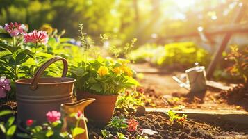 ai genererad trädgårdsarbete begrepp. trädgård blommor och växter på en solig vår bakgrund foto