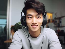 ai genererad ung asiatisk man i hörlurar lyssnande till musik och leende på Hem foto