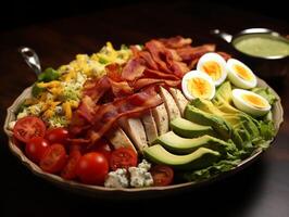 ai genererad tallrik av sallad med bacon, ägg, tomater och avokado på trä- tabell foto