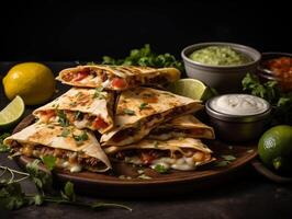 ai genererad traditionell mexikansk quesadilla med salsa och guacamole foto