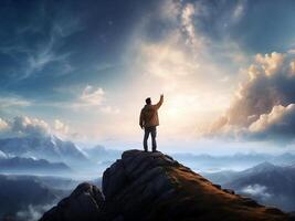 ai genererad en man stående på topp av en berg ser på de himmel . foto